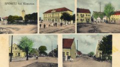 dobová pohlednice vsi s kostelem (vlevo nahoře)