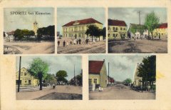 dobová pohlednice vsi s kostelem (vlevo nahoře)
