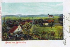 dobová pohlednice vsi s kostelem