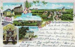 dobová pohlednice vsi s kostelem