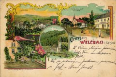 dobová pohlednice vsi s kostelem