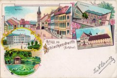 dobová pohlednice města s kostelem (vpravo)