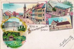 dobová pohlednice města s kostelem (vpravo)