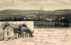 dobová pohlednice vsi s kostelem (vlevo nahoře)