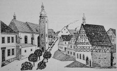 kresba náměstí s kostelem před požárem 7.7.1848