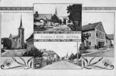 dobová pohlednice vsi s kostelem