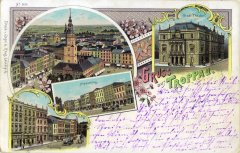 dobová pohlednice města s kostelem (na levém horním obrázku, v pozadí)