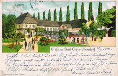 dobová pohlednice lázní s kaplí (vpravo)