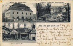 dobová pohlednice lázní s kaplí (vlevo dole)