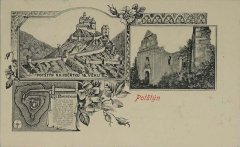 starší pohlednice s hradem a kostelem (vpravo)