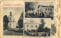 dobová pohlednice vsi s kostelem