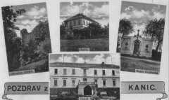 dobová pohlednice vsi s kaplí (na pravém horním snímku)