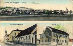 dobová pohlednice vsi s kostelem
