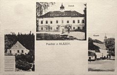 starší pohlednice vsi s kostelem (vpravo)