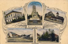 dobová pohlednice vsi s kostelem a zvonicí