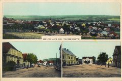 dobová pohlednice vsi s kostelem