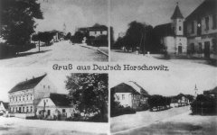 dobová pohlednice vsi s kostelem (na pravém horním snímku)