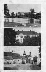 dobová pohlednice vsi s kostelem