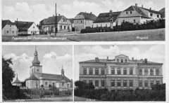 dobová pohlednice vsi s kostelem a oběma kaplemi