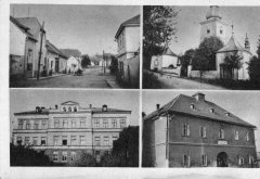 dobová pohlednice vsi s kostelem a oběma kaplemi