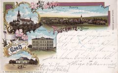 dobová pohlednice vsi s kostelem a oběma kaplemi