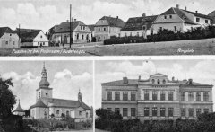 dobová pohlednice vsi s kostelem a oběma kaplemi
