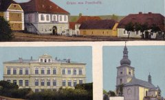 dobová pohlednice vsi s kostelem a kaplí