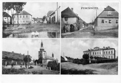 dobová pohlednice vsi s kostelem a oběma kaplemi