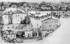 dobová pohlednice vsi s kostelem