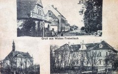 starší pohlednice vsi s kostelem (vlevo dole)