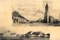 dobová pohlednice vsi s kostelem