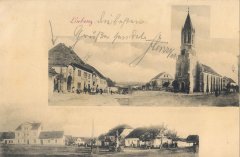 dobová pohlednice vsi s kostelem