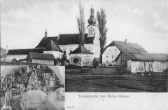 poutní místo na dobové pohlednici (kaple před kostelem)