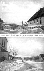 dobová pohlednice vsi s kostelem (na horním snímku v pozadí)