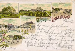 dobová pohlednice vsi s kostelem (vpravo nahoře)