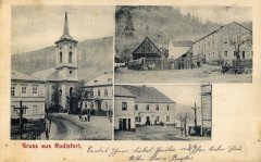 dobová pohlednice vsi s kostelem