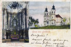 dobová pohlednice s námětem kostela a jeho interiéru