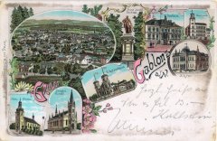 dobová pohlednice města s kostelem (vlevo dole)