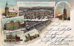 dobová pohlednice města s kostelem (vlevo nahoře)