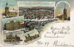 dobová pohlednice města s kostelem (vlevo nahoře)