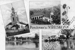 dobová pohlednice vsi s kostelem