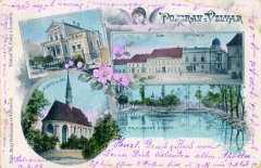 dobová pohlednice města s kostelem (vlevo dole)