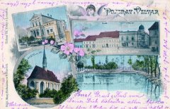 dobová pohlednice města s kostelem (vlevo dole)