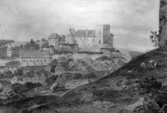zvonice na obraze Josefa Mánesa (vlevo)