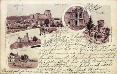 dobová pohlednice města se zvonicí (vlevo nahoře)