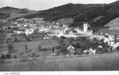 dobová pohlednice vsi s kostelem (vpravo ve svahu)